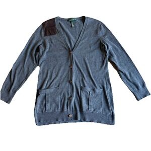 Lauren Ralph Lauren Gray Tunic Cardigan Sweater Large Leather Shoulder Patch